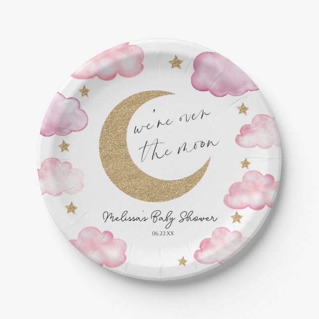 We're Over The Moon Pink Celestial Baby Shower Paper Plates (Front)