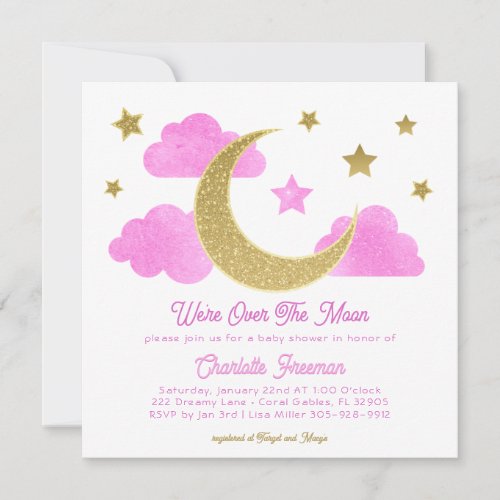 Were Over The Moon Pink Glitter Gold Baby Shower Invitation