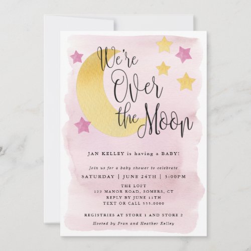 Were Over the Moon Pink Watercolor Baby Shower Invitation