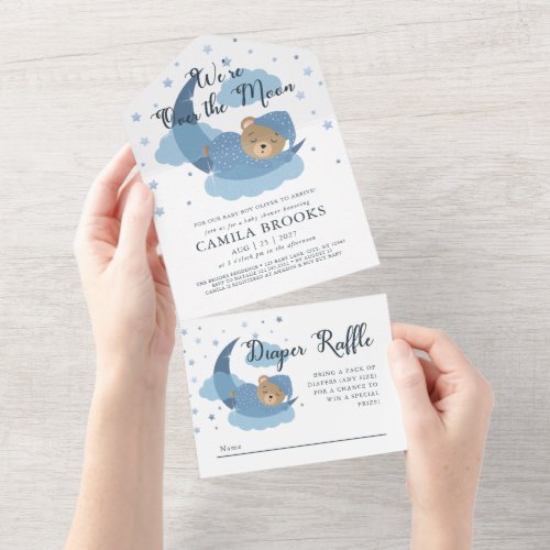 Were Over The Moon Sleeping Bear Boy Baby Shower All In One Invitation