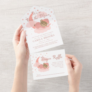 We're Over The Moon Sleeping Bear Girl Baby Shower All In One Invitation