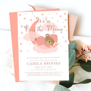 We're Over The Moon Sleeping Bear Girl Baby Shower Invitation