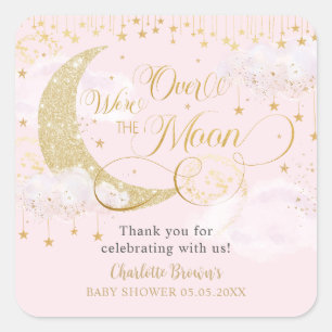 We're Over the Moon Stars Pastel Pink Baby Shower Square Sticker