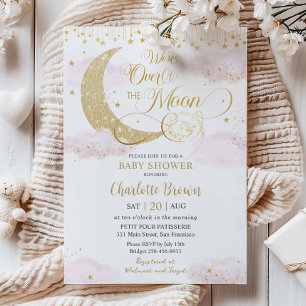 We're Over the Moon Stars Pink Gold Baby Shower Invitation