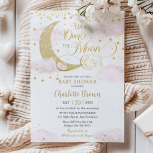 We're Over the Moon Stars Pink Gold Baby Shower Invitation