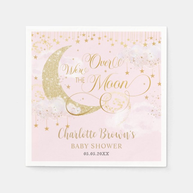 We're Over the Moon Stars Pink Gold Baby Shower Napkins (Front)
