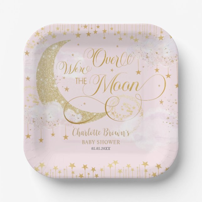 We're Over the Moon Stars Pink Gold Baby Shower Paper Plates (Front)