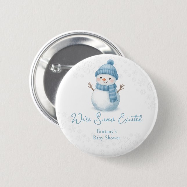 We're Snow Excited Snowmen Boy Baby Shower Button (Front & Back)