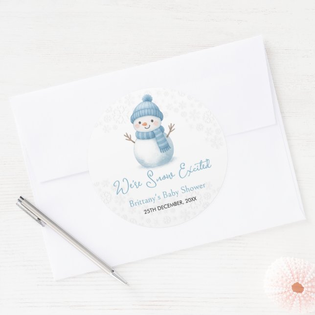 We're Snow Excited Snowmen Boy Baby Shower Classic Round Sticker (Envelope)