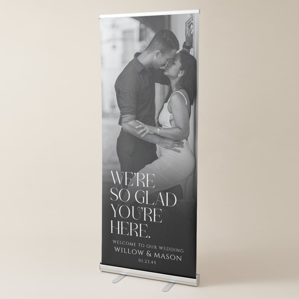 Disover We're So Glad You're Here Modern Wedding Welcome Retractable Banner