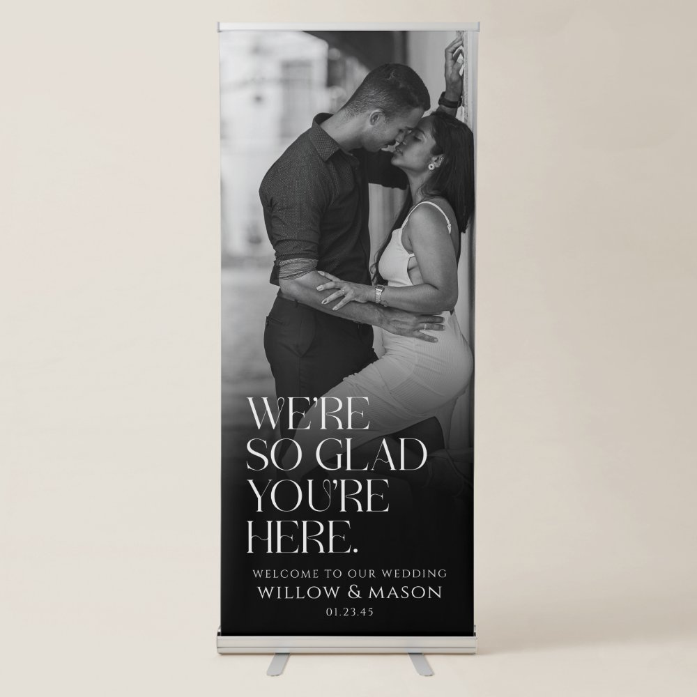 Disover We're So Glad You're Here Modern Wedding Welcome Retractable Banner