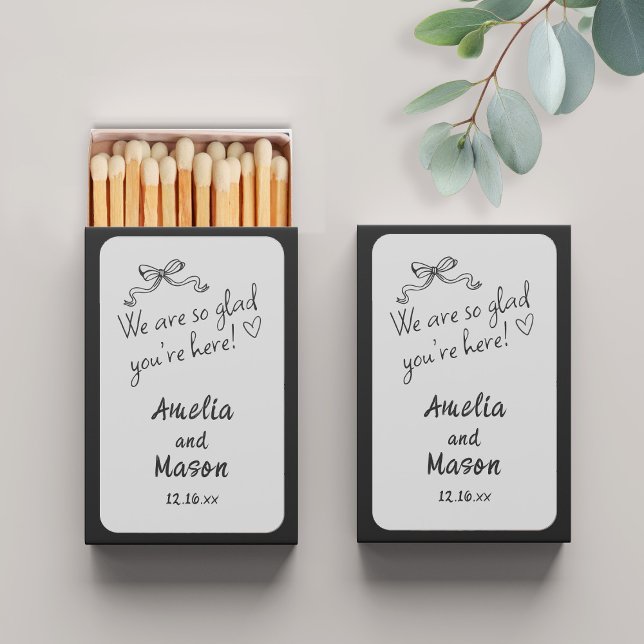 We're so Glad You're Here Wedding  Matchboxes (We're so Glad You're Here Wedding Matchboxes Shown in Black)