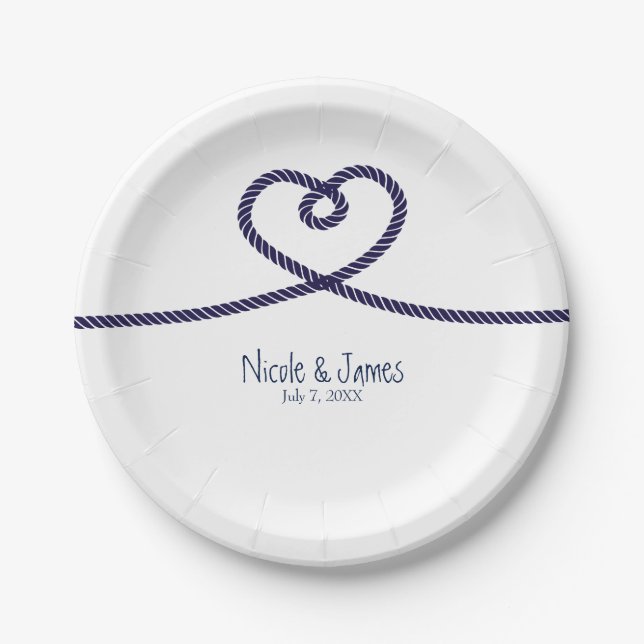 We're tying the knot nautical heart beach Wedding Paper Plates (Front)