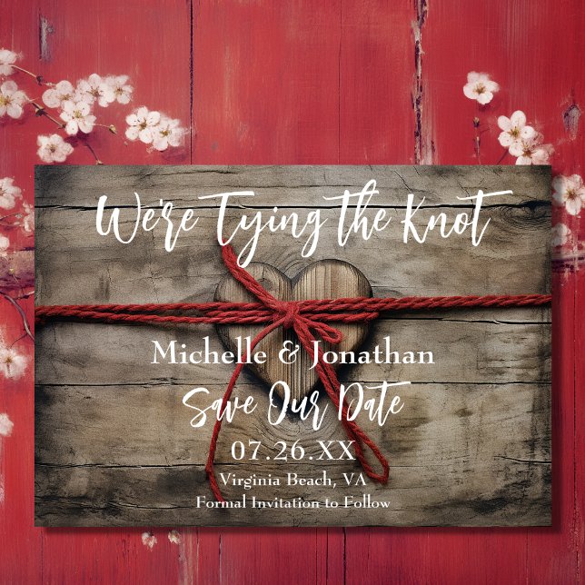 We're Tying the Knot Rustic Wooden Heart Wedding Save The Date (Front - We're Tying the Knot Rustic Wood Heart Wedding Save The Date)