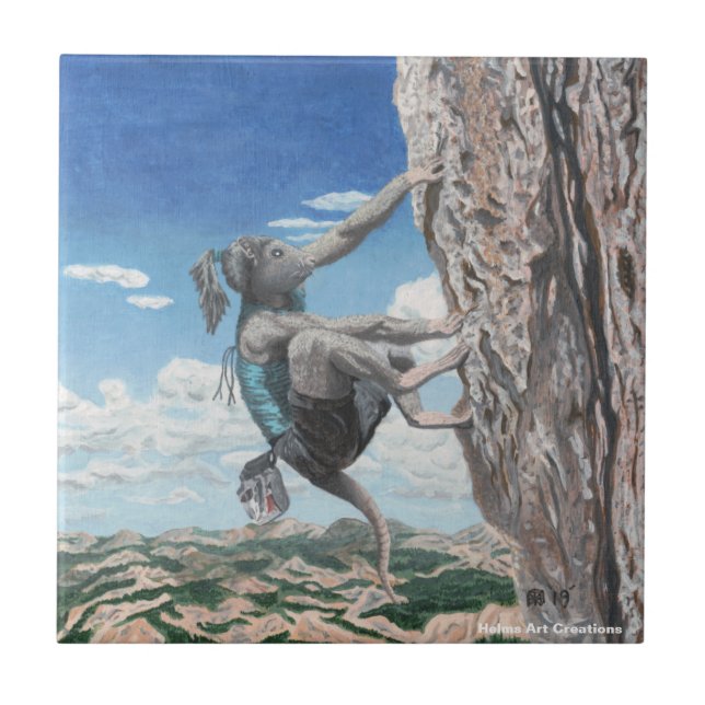 Wererat Girl Rock Climber Fantasy Art Ceramic Tile (Front)