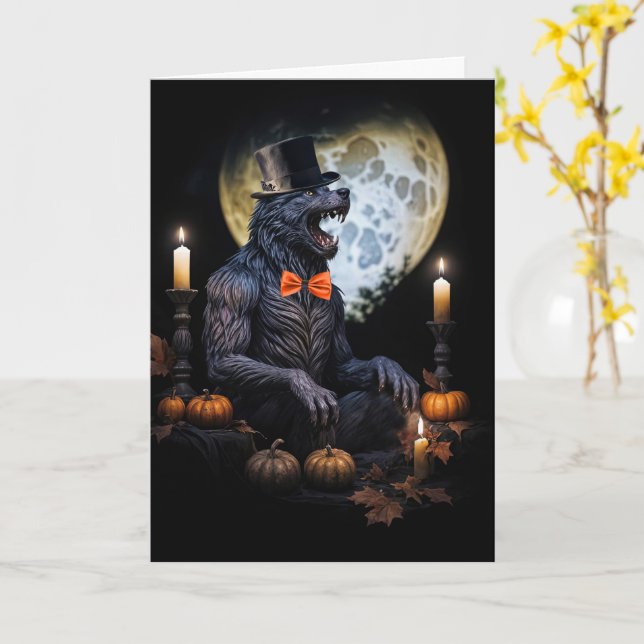 Werewolf and Moon Candles Pumpkins Scary Halloween Card (Yellow Flower)