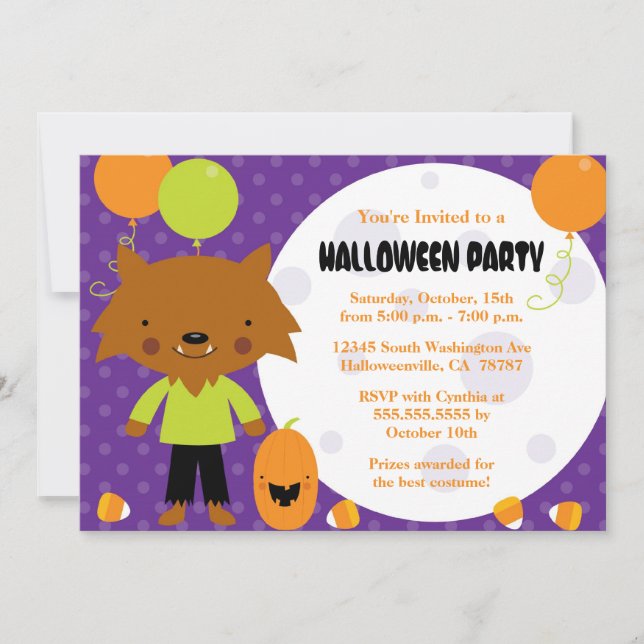 Werewolf and moon Halloween Costume Party Invite (Front)