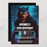 Werewolf man night forest halloween birthday adult invitation<br><div class="desc">Unleash Your Inner Monster with the Ultimate Scary Invitation! Dive into the dark, spooky fun this Halloween with our chilling 5x7 digital invitation, designed for those who revel in the macabre. A ghastly werewolf with glowing eyes and large ominous fangs is standing in a forest at night staring directly at...</div>