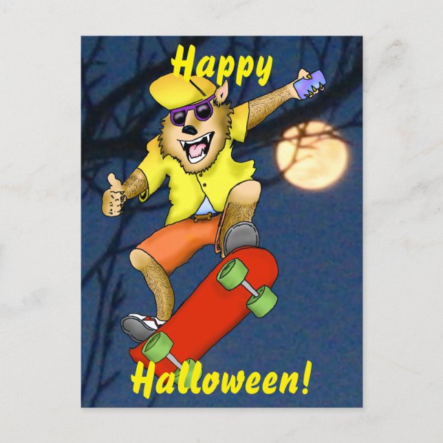 Werewolf Skateboarder Halloween Postcard (Front)