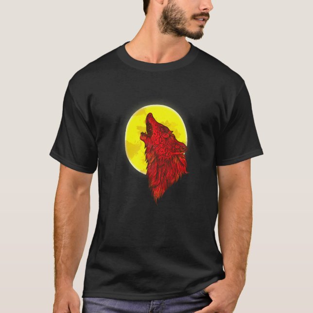 Werewolf Wildlife Red Angry Wolf Under Full Moon F T-Shirt (Front)