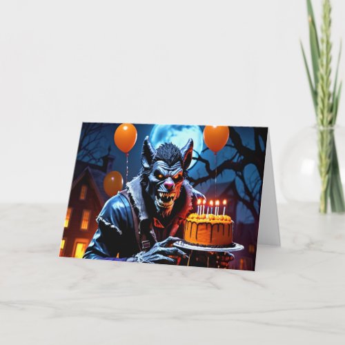 Werewolf with Cake _ Birthday on Halloween Holiday Card