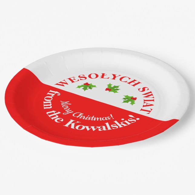 Wesolych Swiat Christmas Party Polish Flag & Name Paper Plates (Angled)