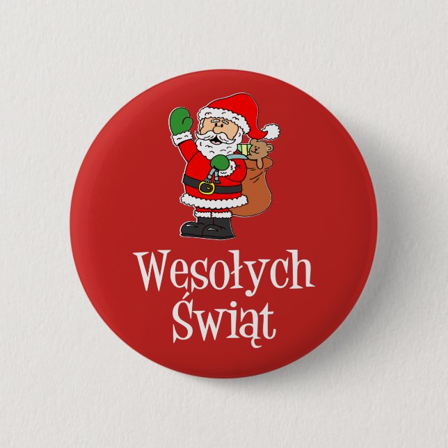 Wesolych Swiat Polish Christmas Santa Button (Front)