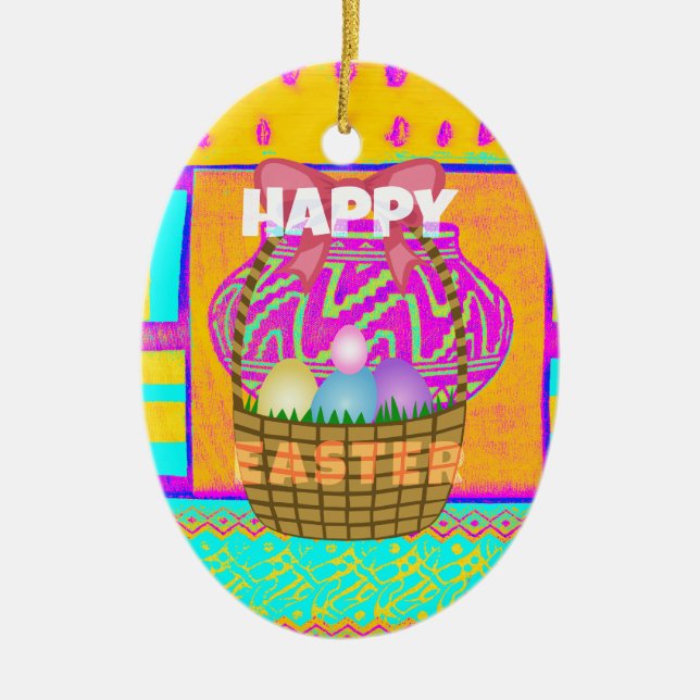 West African Inspired Easter Basket & Eggs Art  Ceramic Ornament (Front)