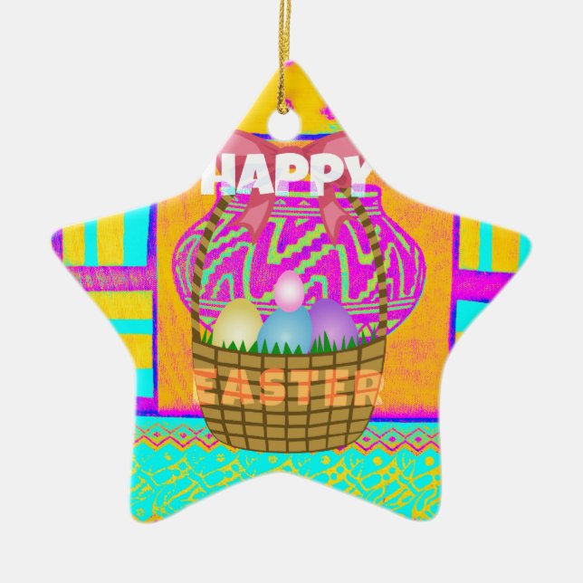 West African Inspired Easter Basket & Eggs Art  Ceramic Ornament (Front)