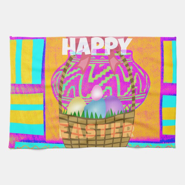 West African Inspired Easter Basket & Eggs Art  Kitchen Towel (Horizontal)