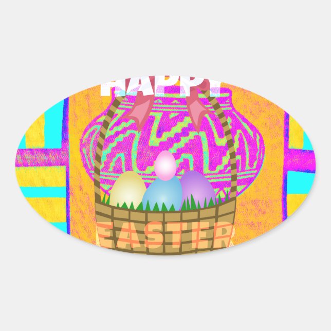 West African Inspired Easter Basket & Eggs Art  Oval Sticker (Front)
