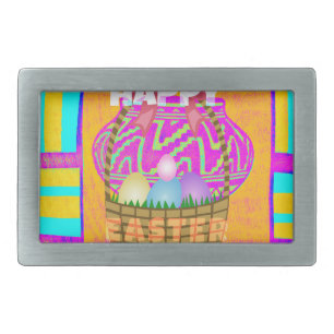 West African Inspired Easter Basket & Eggs Art  Rectangular Belt Buckle