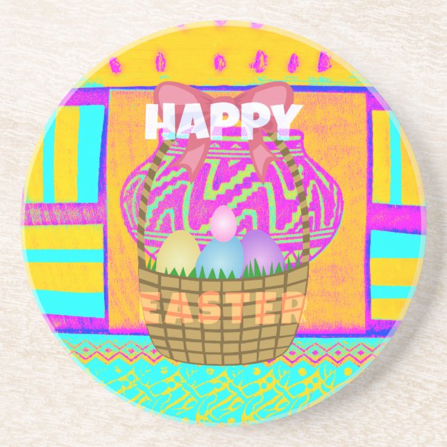 West African Inspired Easter Basket & Eggs Art  Sandstone Coaster (Front)