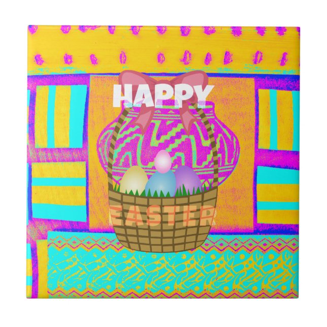 West African Inspired Easter Basket & Eggs Art  Tile (Front)
