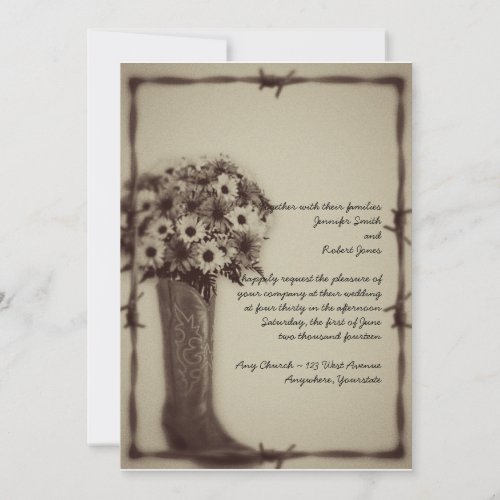 West Boot Daisy Bouquet Vintage Wedding Invitation