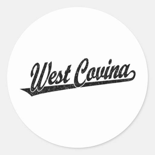 West Covina script logo in black distressed Classic Round Sticker | Zazzle