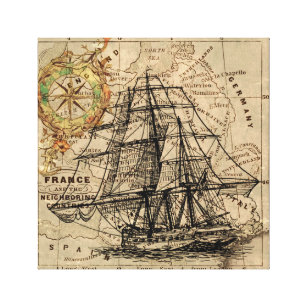West Europe Vintage Map with Ship & Compass Canvas Print