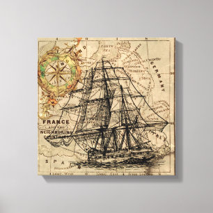 West Europe Vintage Map with Ship & Compass Canvas Print