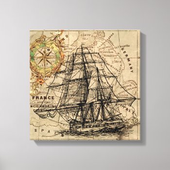 West Europe Vintage Map With Ship & Compass Canvas Print by Tissling at Zazzle