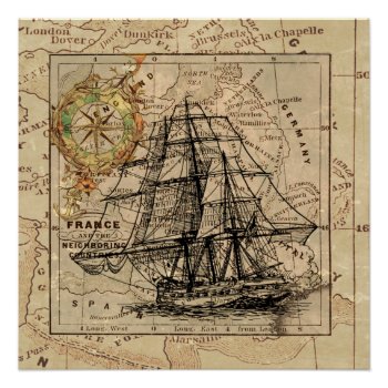 West Europe Vintage Map With Ship & Compass Poster by Tissling at Zazzle