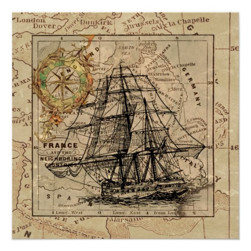 West Europe Vintage Map with Ship  Compass Poster