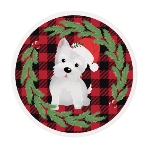 West Highland Dog Santa Hat Buffalo Plaid Pine Edible Frosting Rounds