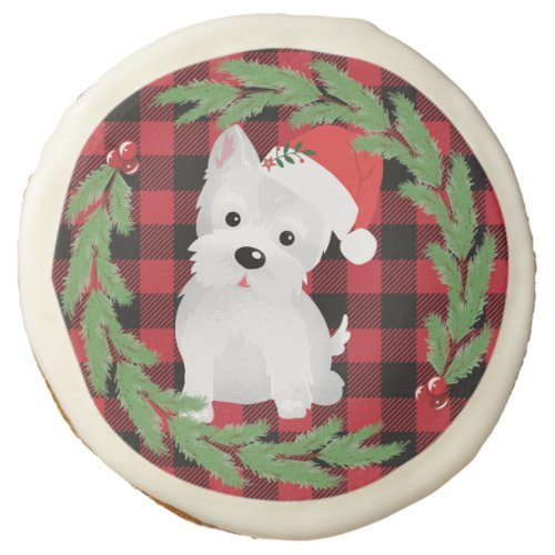 West Highland Dog Santa Hat Buffalo Plaid Pine Sugar Cookie