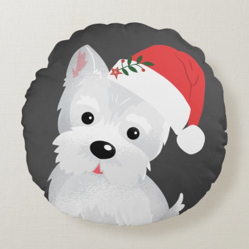 West Highland Dog Santa Hat Holly Berries Round Pillow