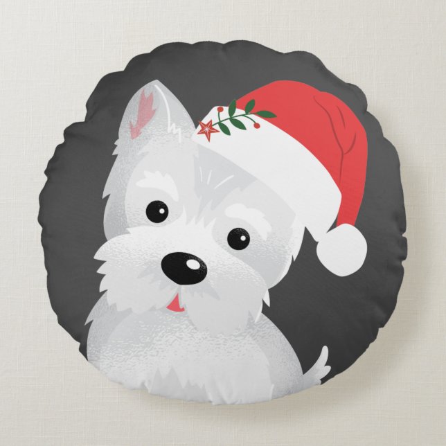 West Highland Dog Santa Hat Holly Berries Round Pillow (Front)