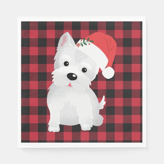West Highland Dog With Santa Hat Buffalo Plaid Napkins (Front)
