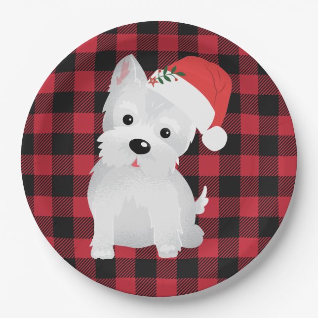 West Highland Dog With Santa Hat Buffalo Plaid Paper Plates (Front)