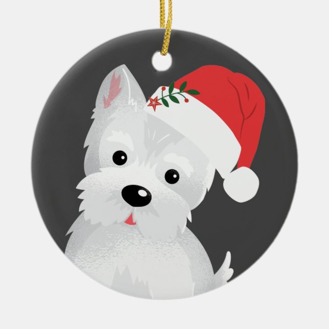 West Highland Dog With Santa Hat Ceramic Ornament (Front)