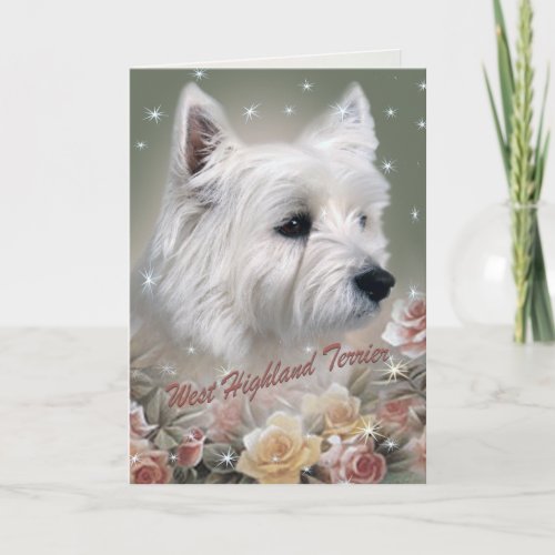 West Highland terrier among roses Cards