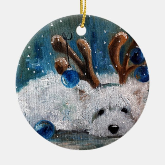 West Highland Terrier Blue Christmas Westie Dog Ceramic Ornament (Front)